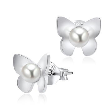 Butterfly With Pearl Silver Stud Earring STS-3386